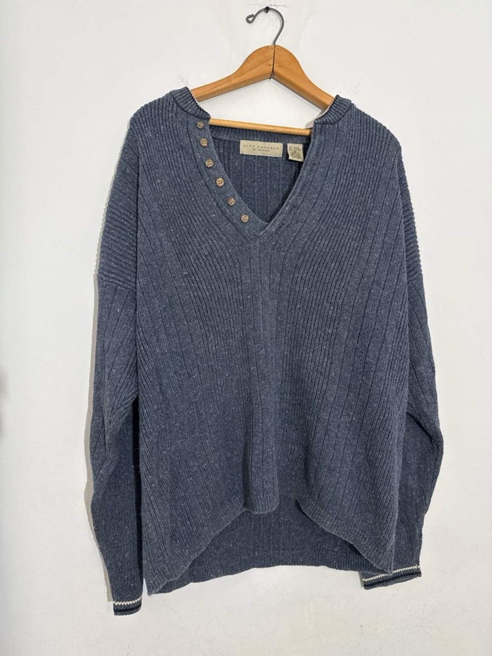 Haggar Slate Blue Ribbed V-Neck Sweater w/Button Trim Grandpacore Vintage Cozy
